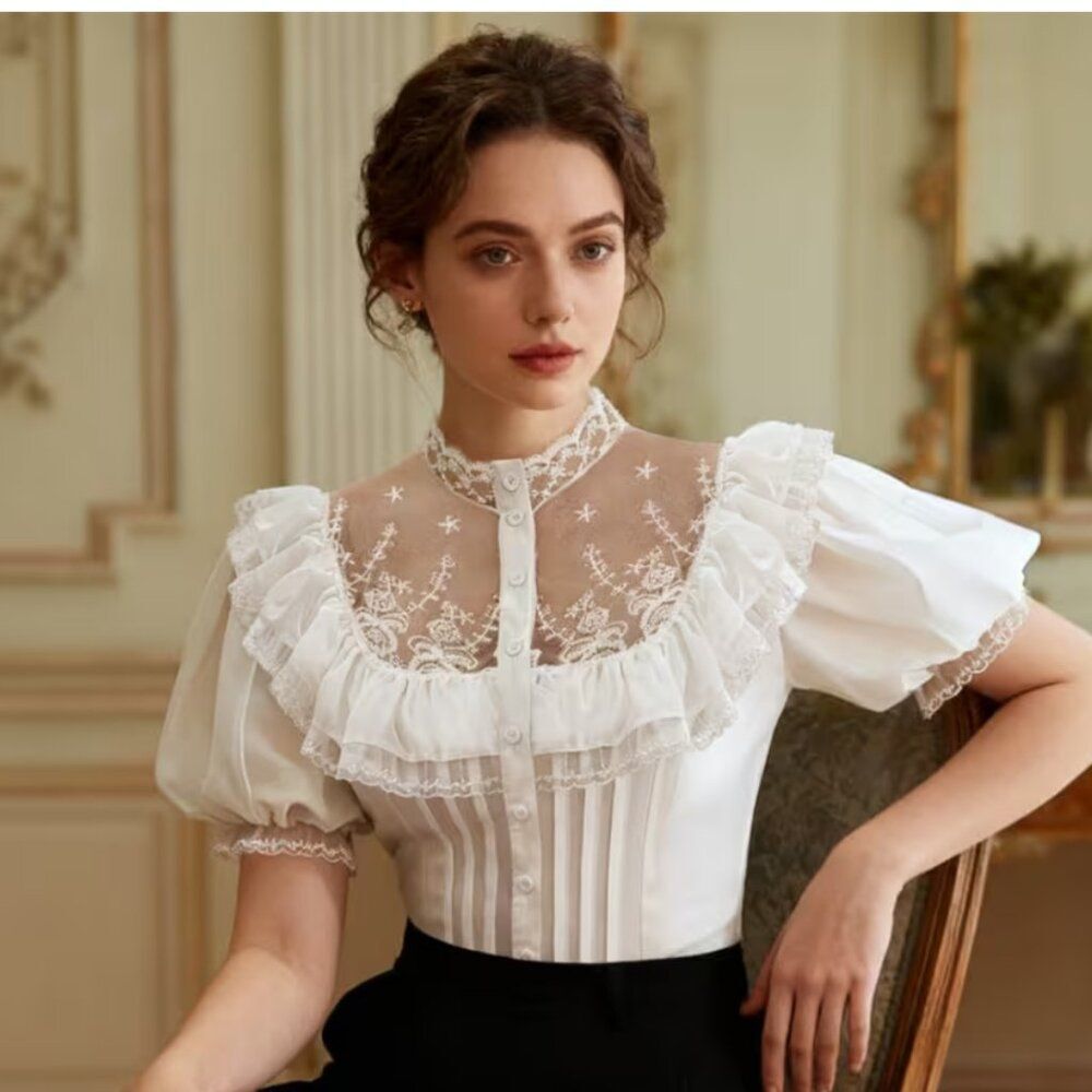 Vintage-Inspired Victorian Blouse Short Sleeve Button Front